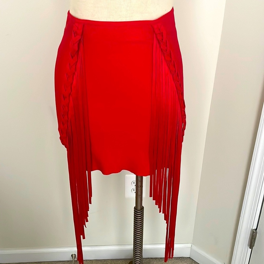 Red Bandage Mini Skirt w/ Fringe Braided Detail
